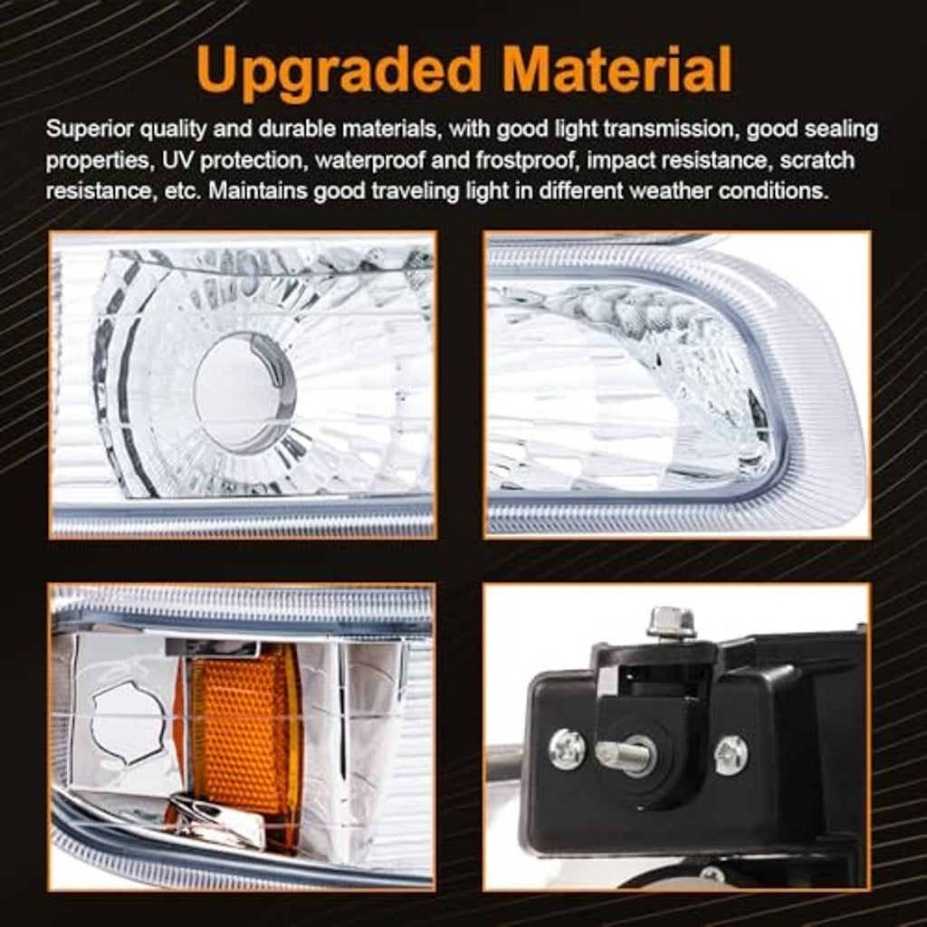 Chrome headlight housing with clear lens detail and amber reflector section