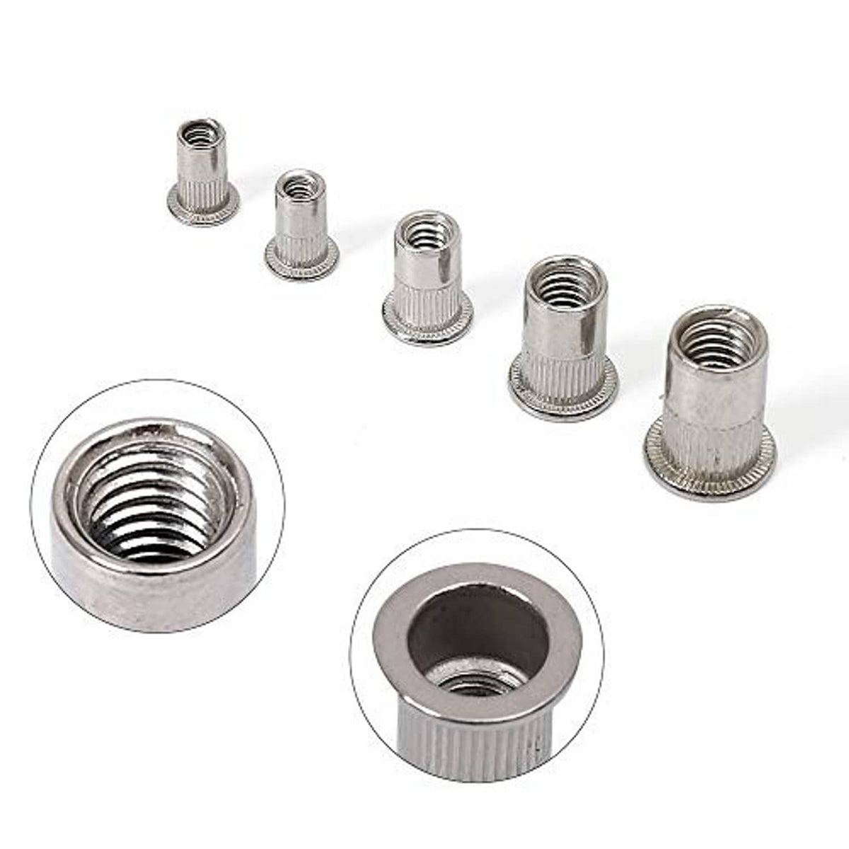 Set of stainless rivet nuts with threaded inserts and flanged ends