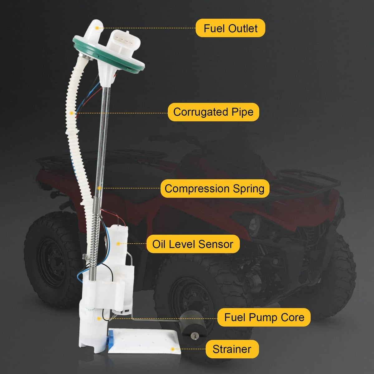 Fuel pump assembly with corrugated hose, fuel outlet, strainer, and compression spring