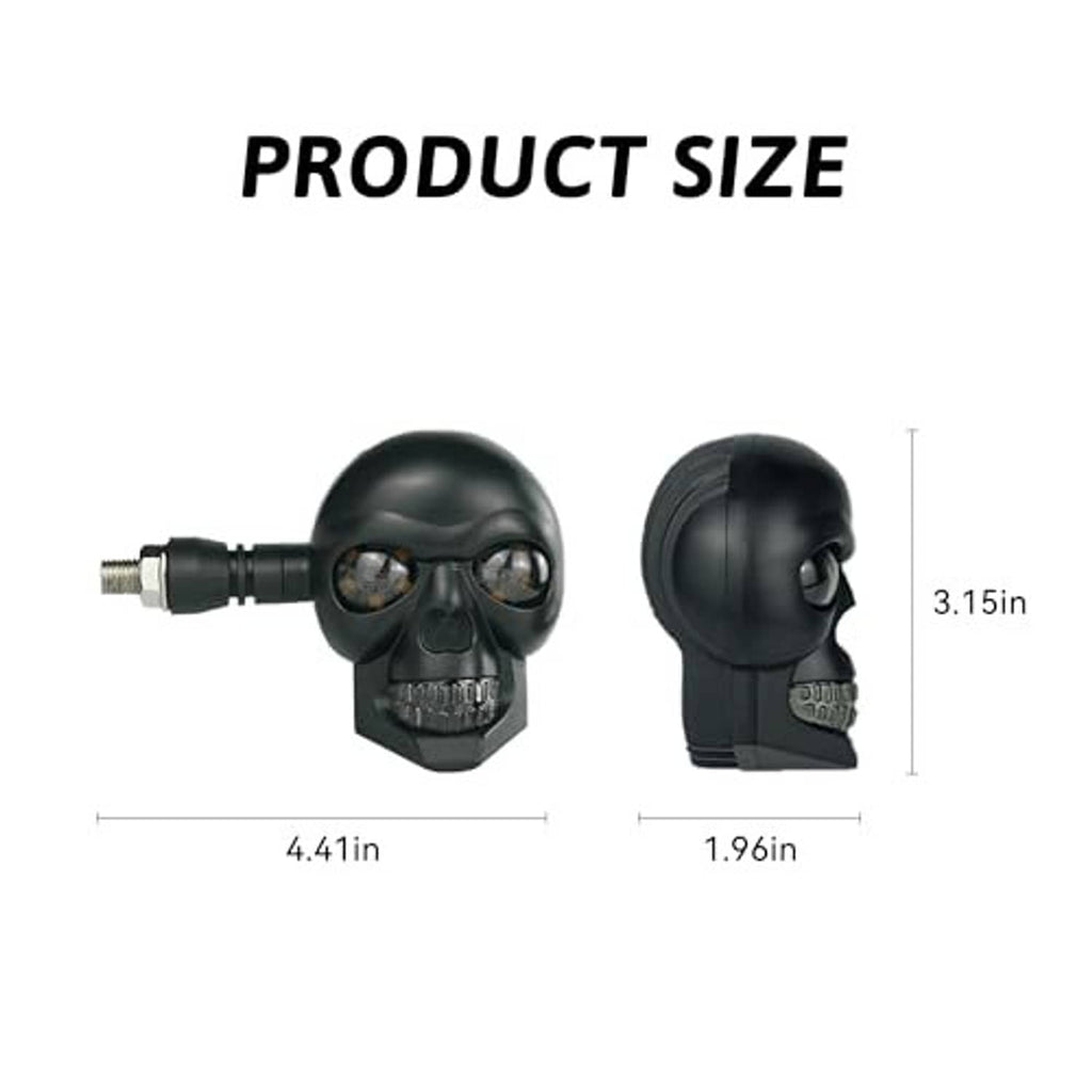 Black skull motorcycle turn signal head with front and side size diagram