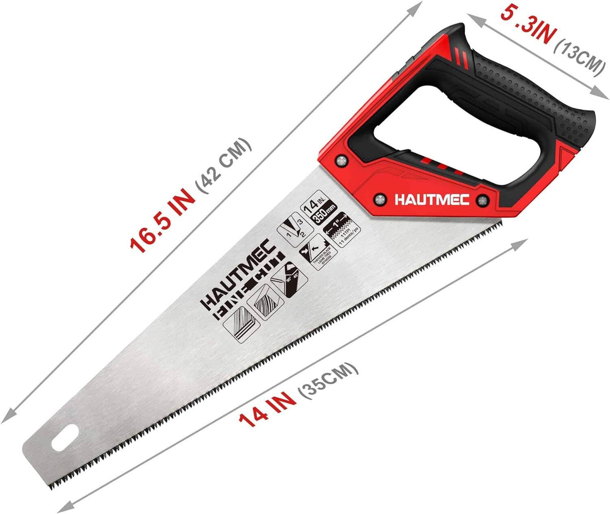 Measuring view of 14-inch hand saw with red handle and black blade grip