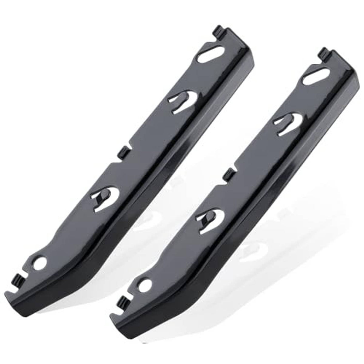 Front bumper brackets in black metal, pair with mounting holes and curved tabs