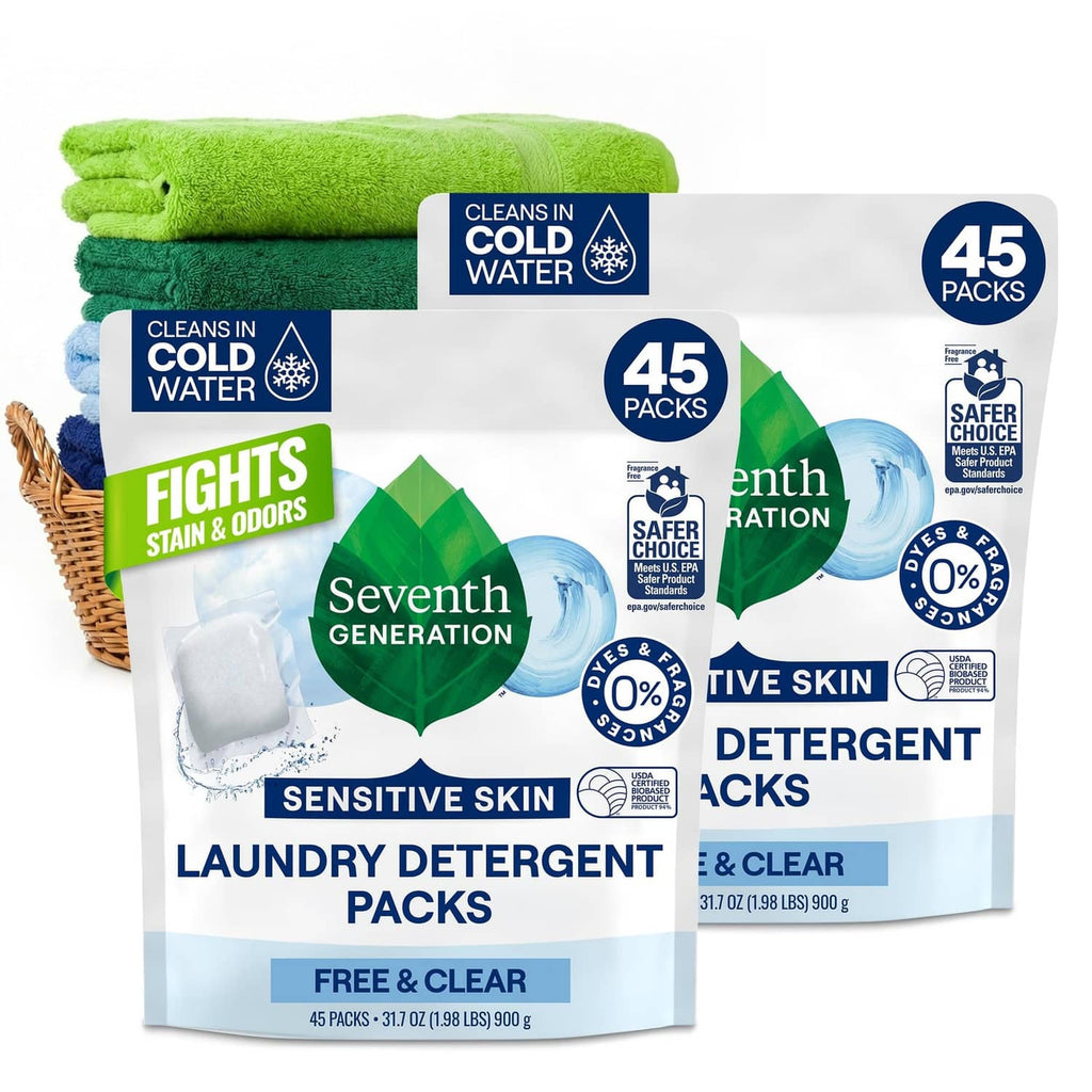 Seventh Generation laundry detergent powder packs, two white 45-count pouches