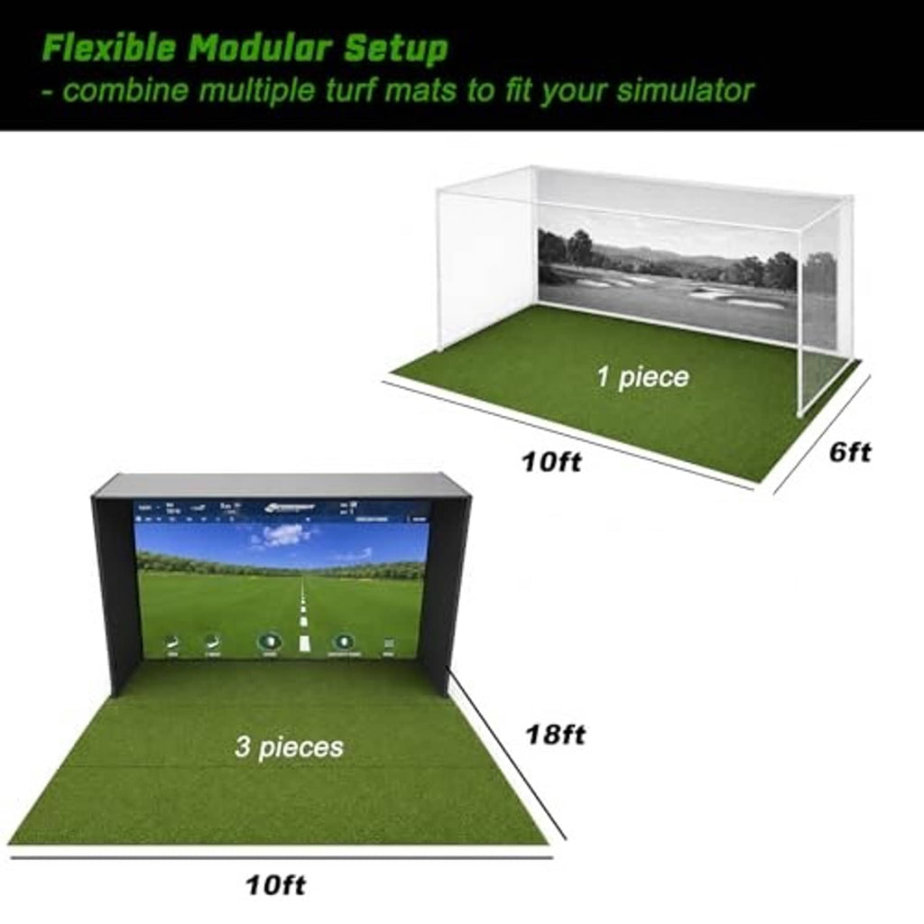 Modular indoor golf turf mat laid out in multiple sections on the floor