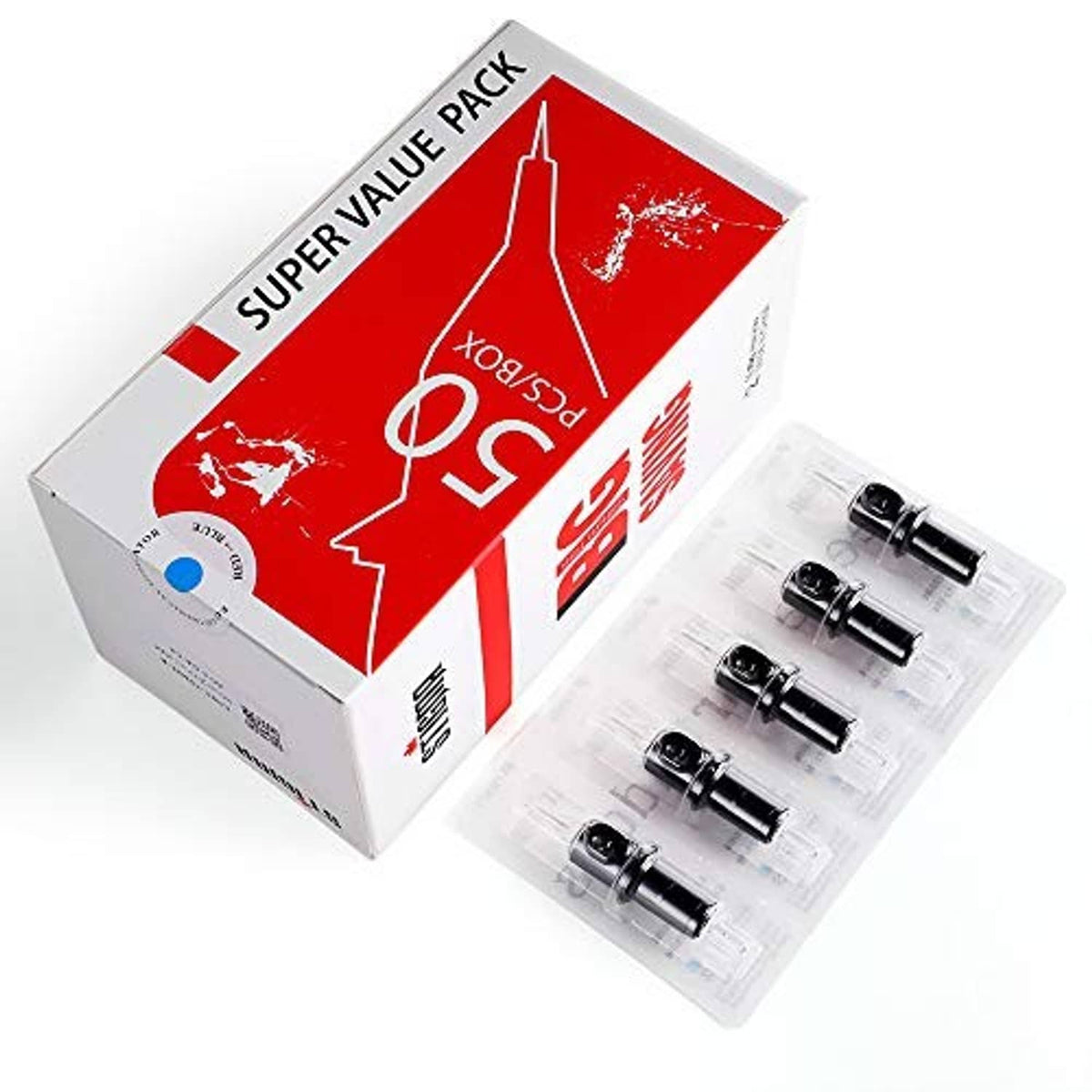 Disposable tattoo cartridge value pack box with blister tray and black needle tips