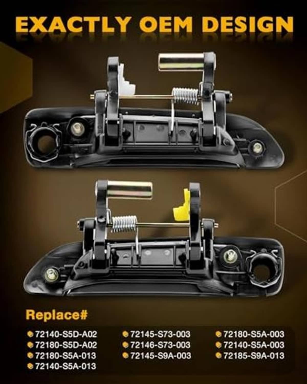 Black exterior door handle pair with exposed lock assembly and internal components