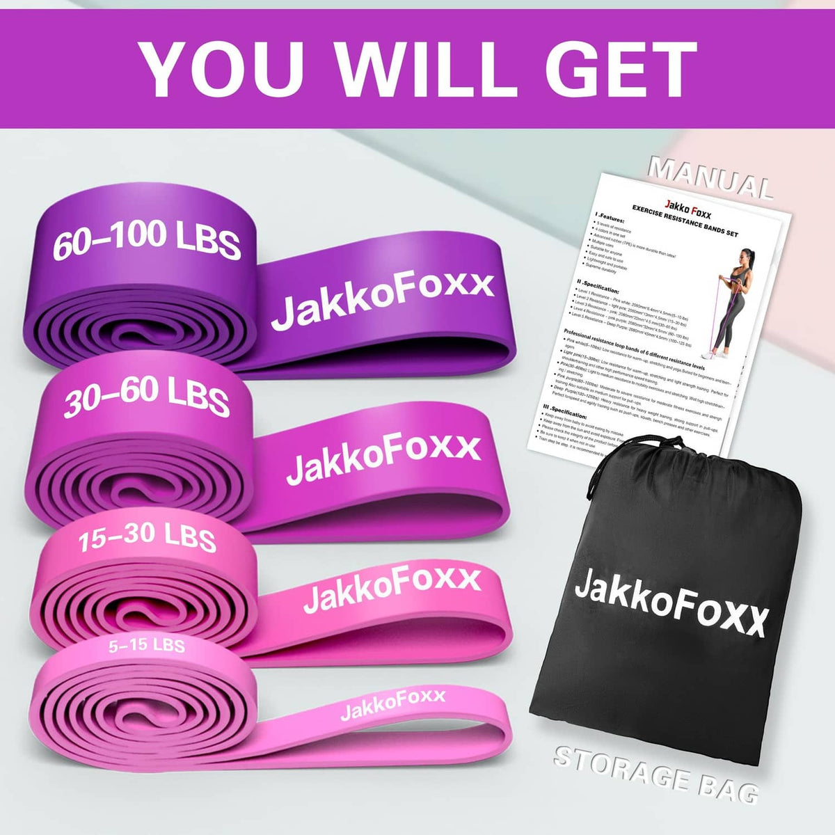 Pink resistance band kit with instruction manual and storage bag, 4 strength levels