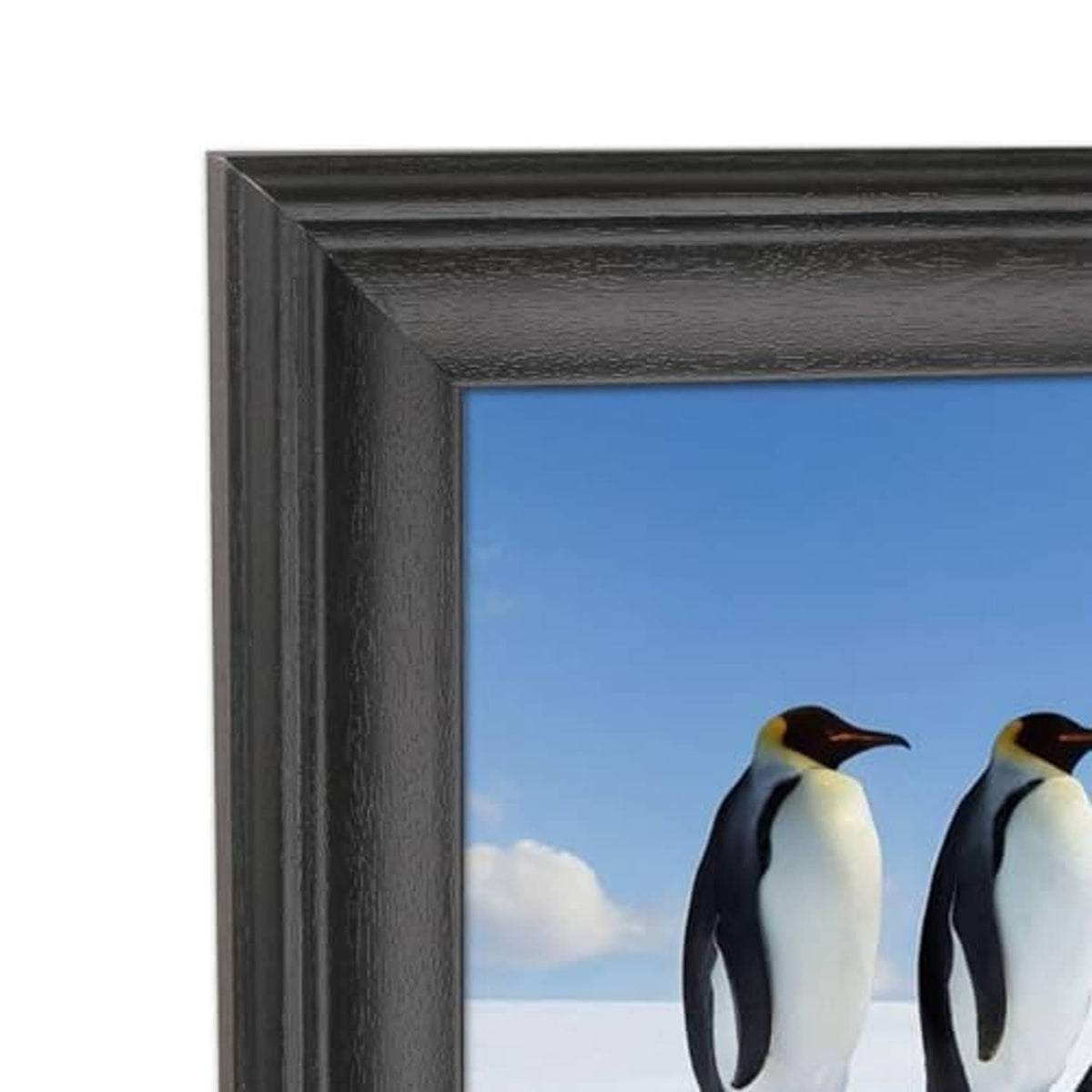Close-up black solid wood picture frame corner with textured finish