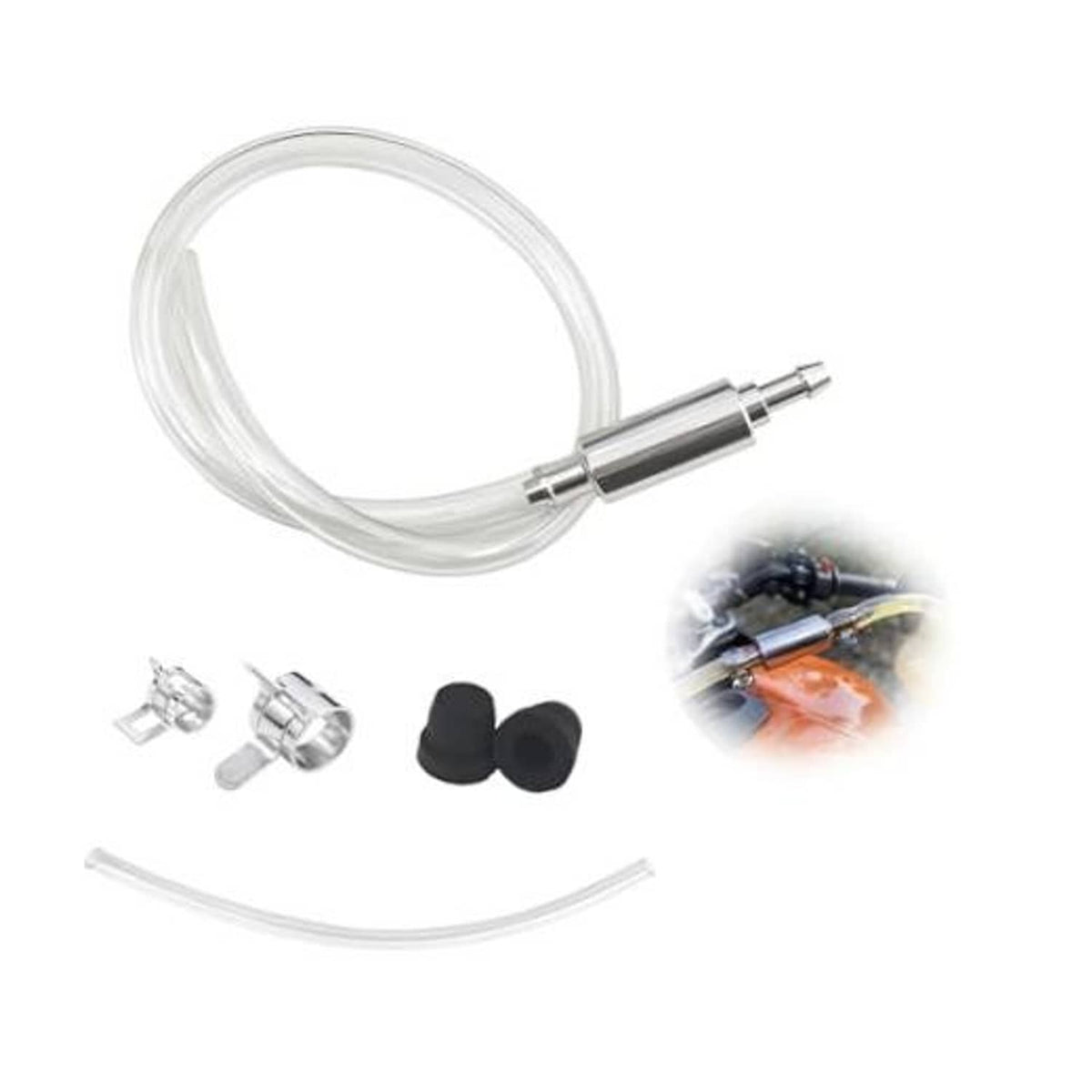 Brake bleeding hose kit with clear tubing and metal one-way check valve fittings