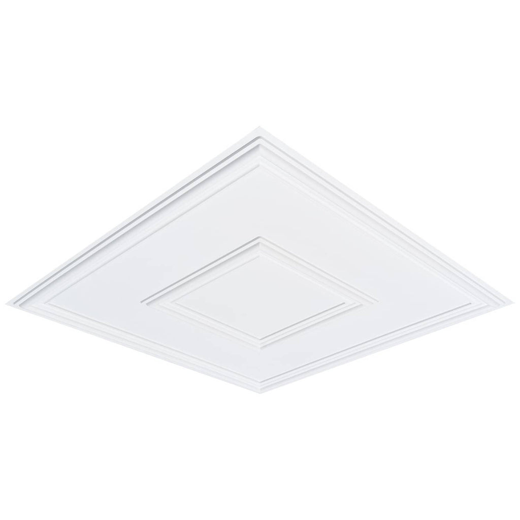 White PVC ceiling tile with square geometric recessed border, angled view