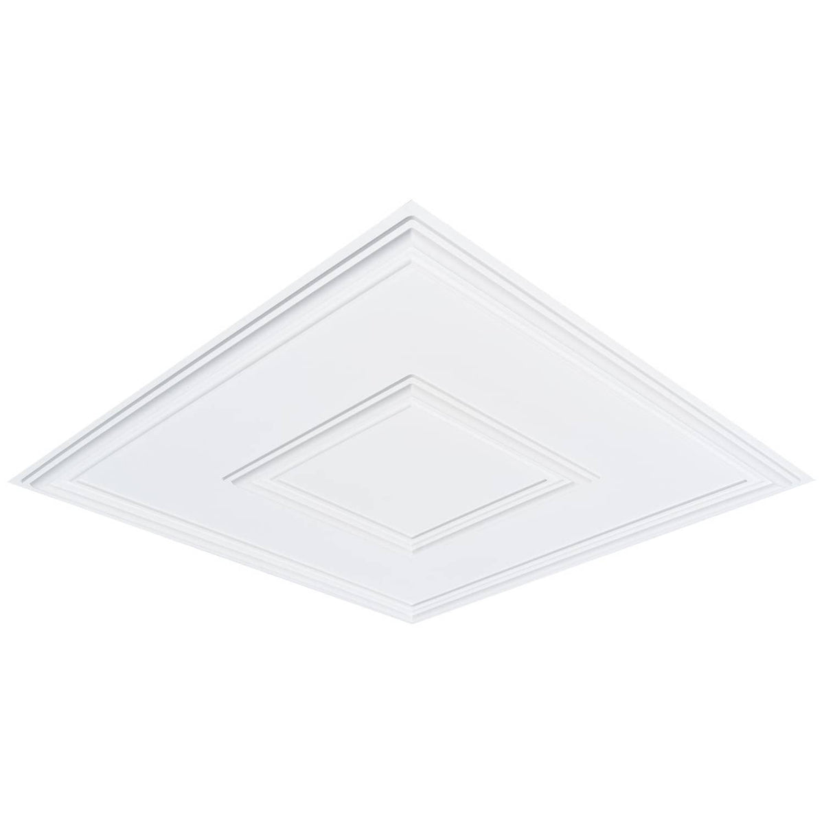 White PVC ceiling tile with square geometric recessed border, angled view