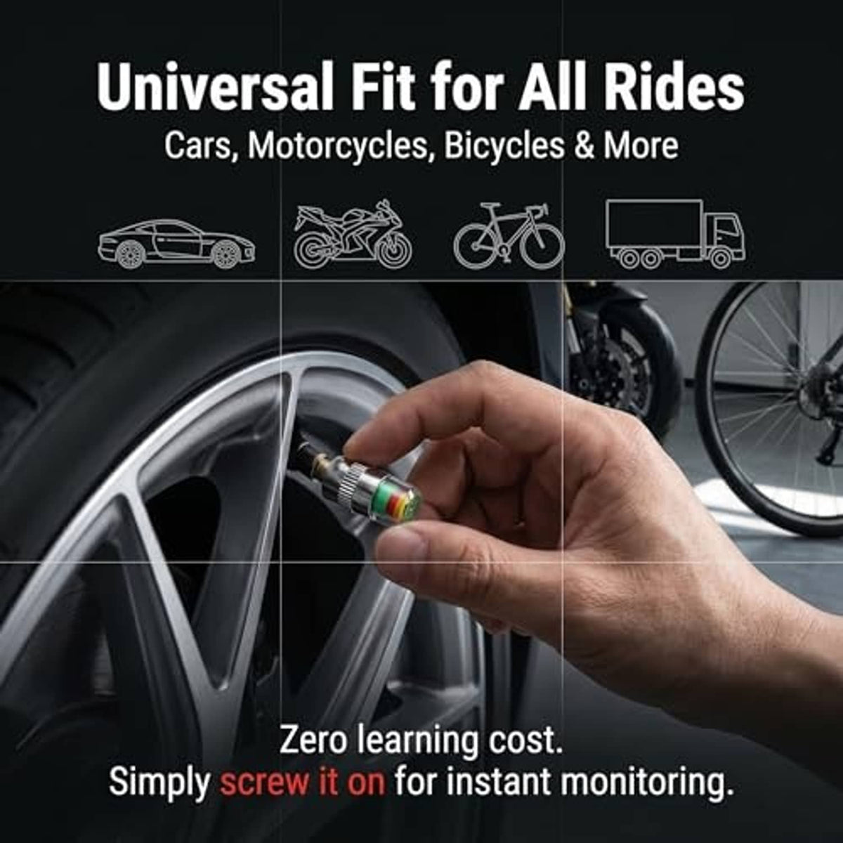 Hand screwing a silver tire pressure monitor valve cap with colored indicator bands onto a valve