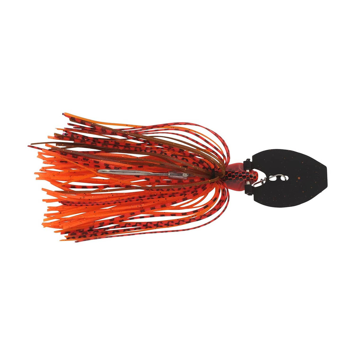Orange and red bladed fishing jig with black blade and multicolor skirt, curved hook