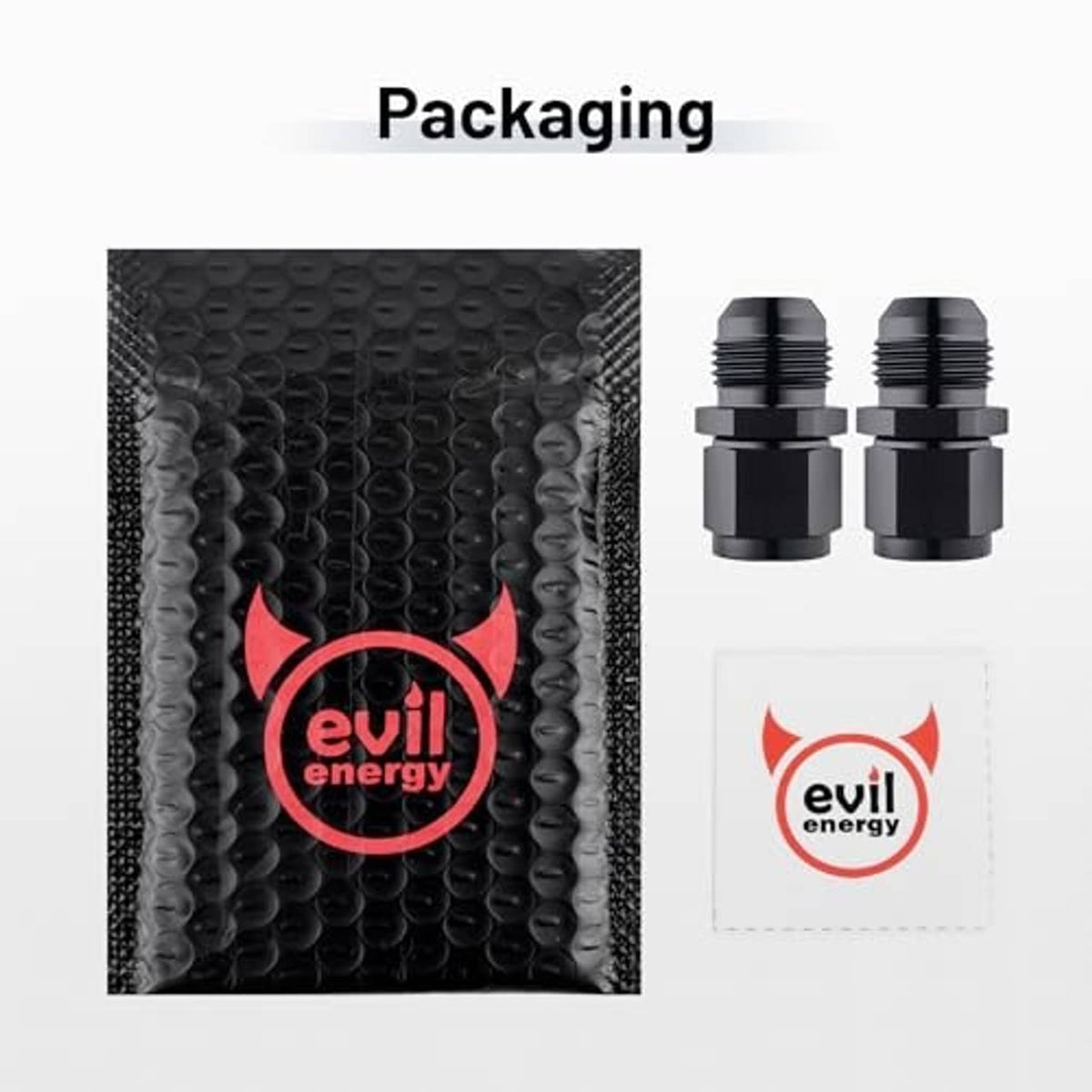 Pair of black AN flare expander fitting adapters shown in packaging.