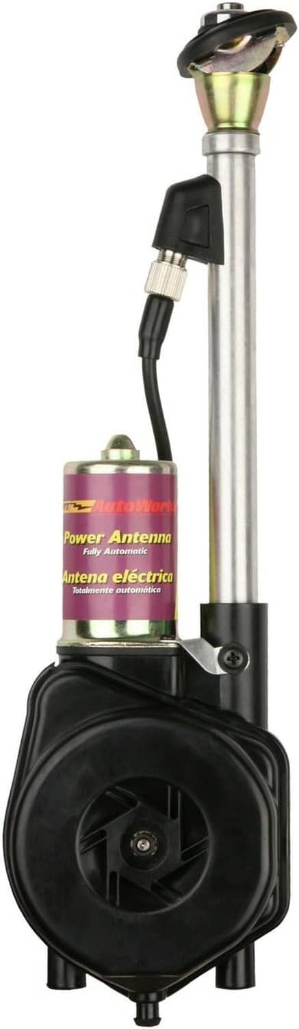 Motorized power antenna with gold-tinted mast tip and black base motor