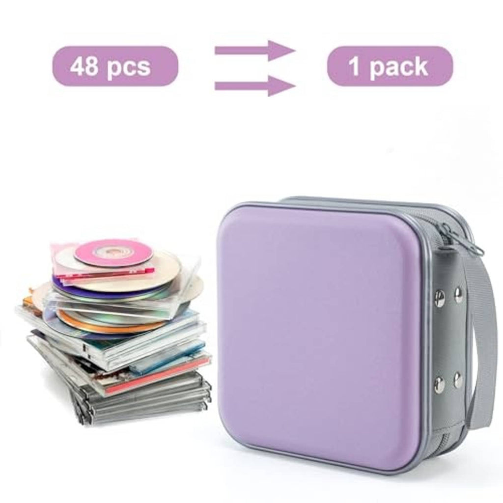 Lavender hard CD/DVD storage case with strap, shown with stacked discs