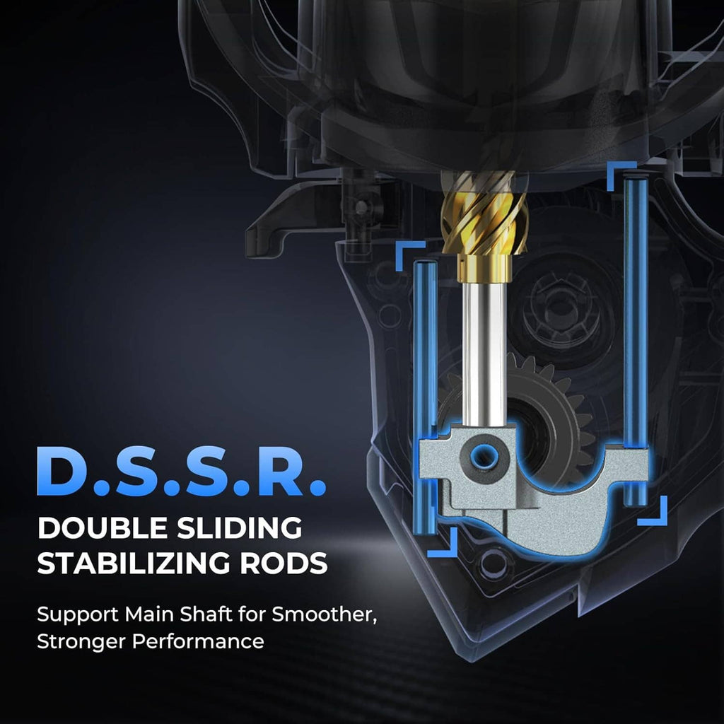 Black spinning reel internal double sliding stabilizing rods, shown with blue diagram lines
