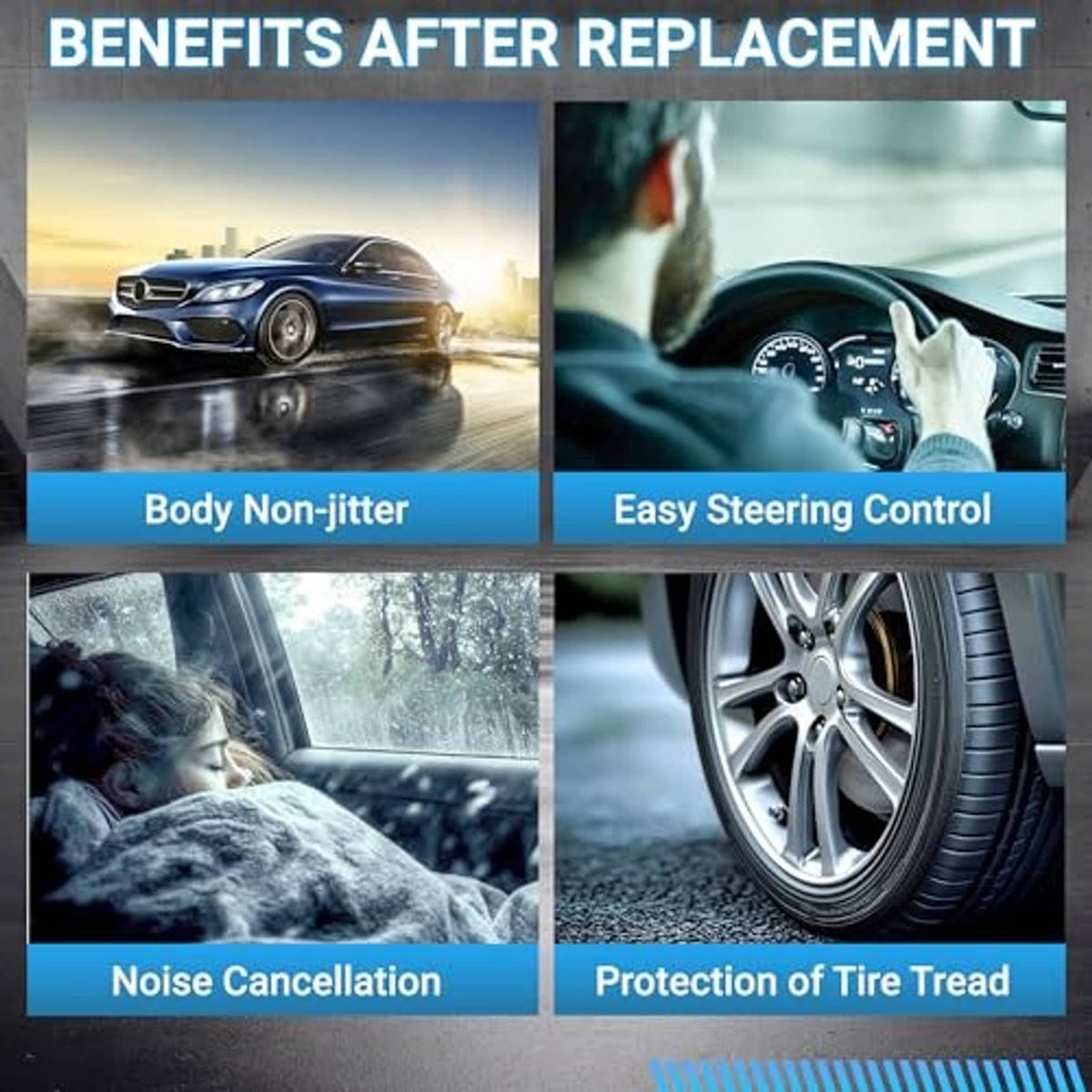 Four-panel benefits graphic with car and steering wheel images