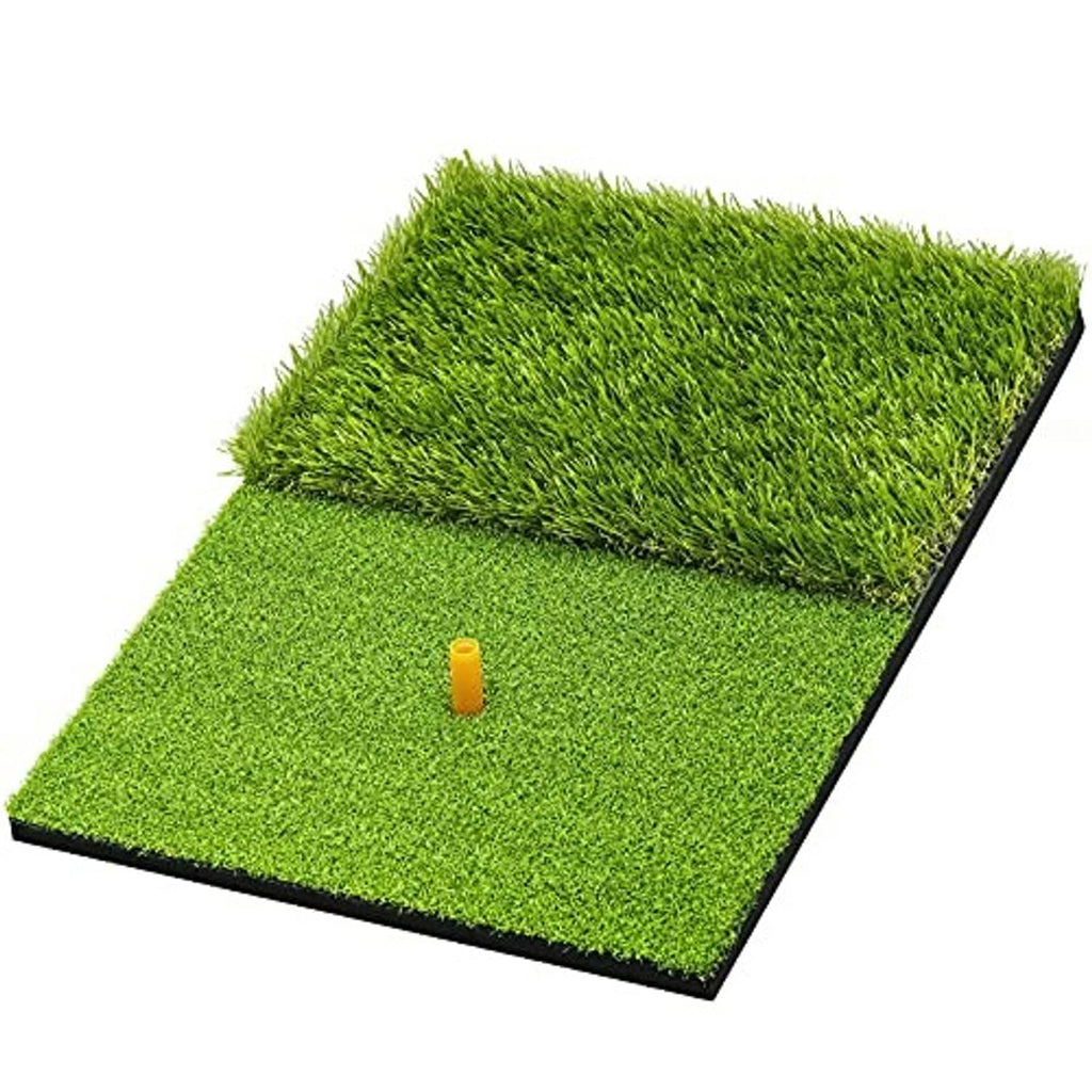 Green artificial grass golf practice mat with black edging and yellow tee marker