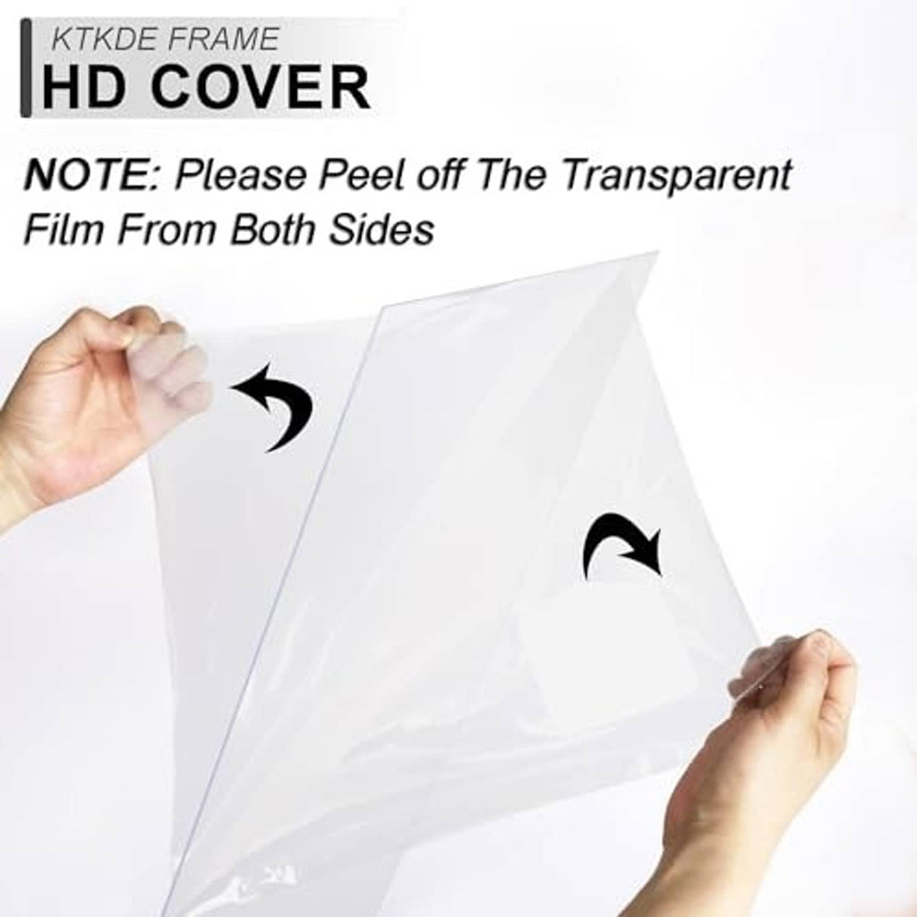 Clear protective HD cover film peeled from a black picture frame