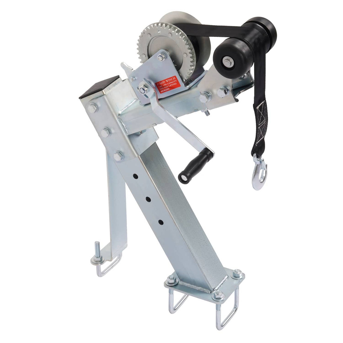 Steel winch stand with toothed pulley wheel, crank lever, and safety hook attachment