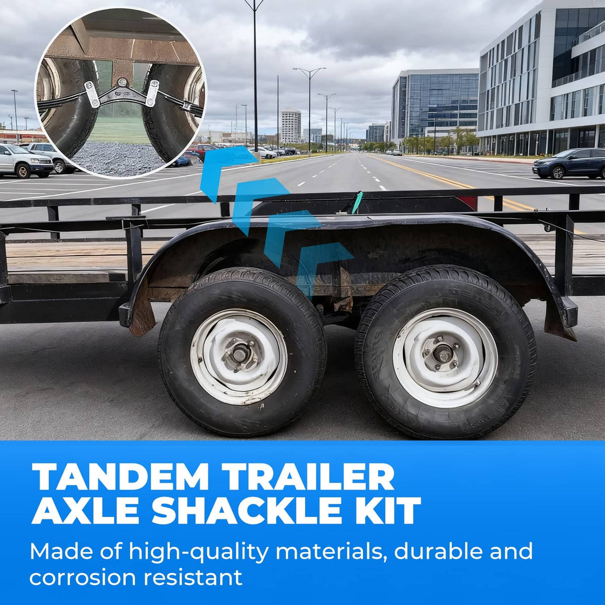 Tandem trailer axle shackle kit installed on a trailer frame with shackle arms