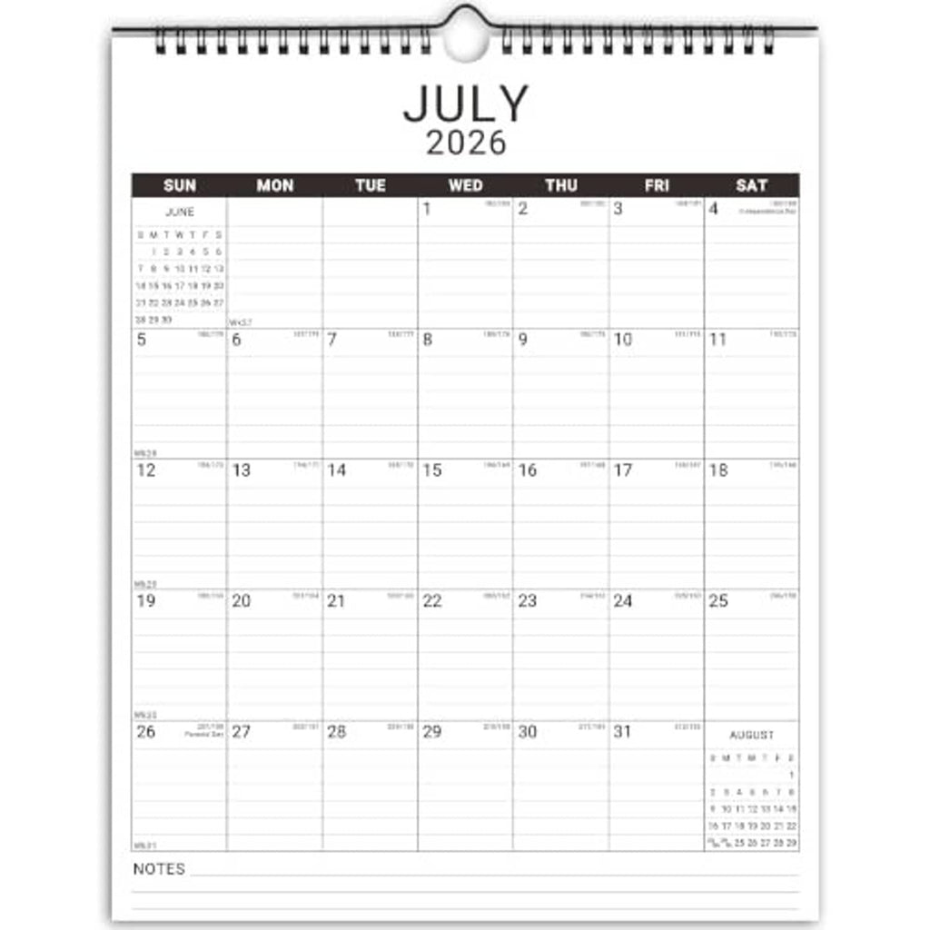 White July 2026 calendar page with weekly grid and notes area