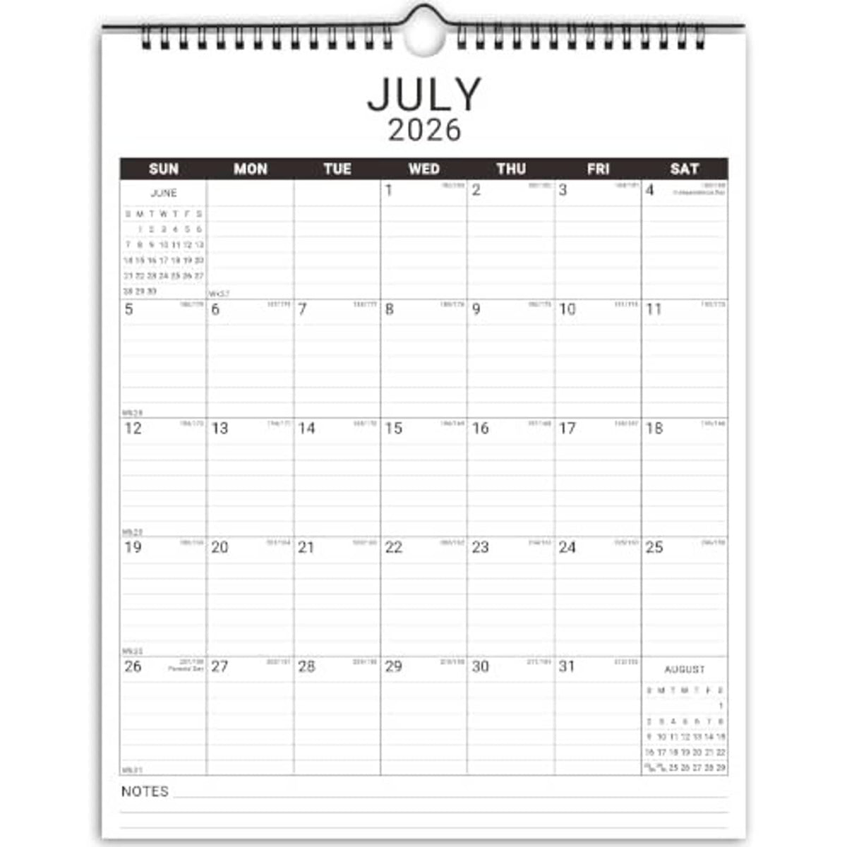 White July 2026 calendar page with weekly grid and notes area