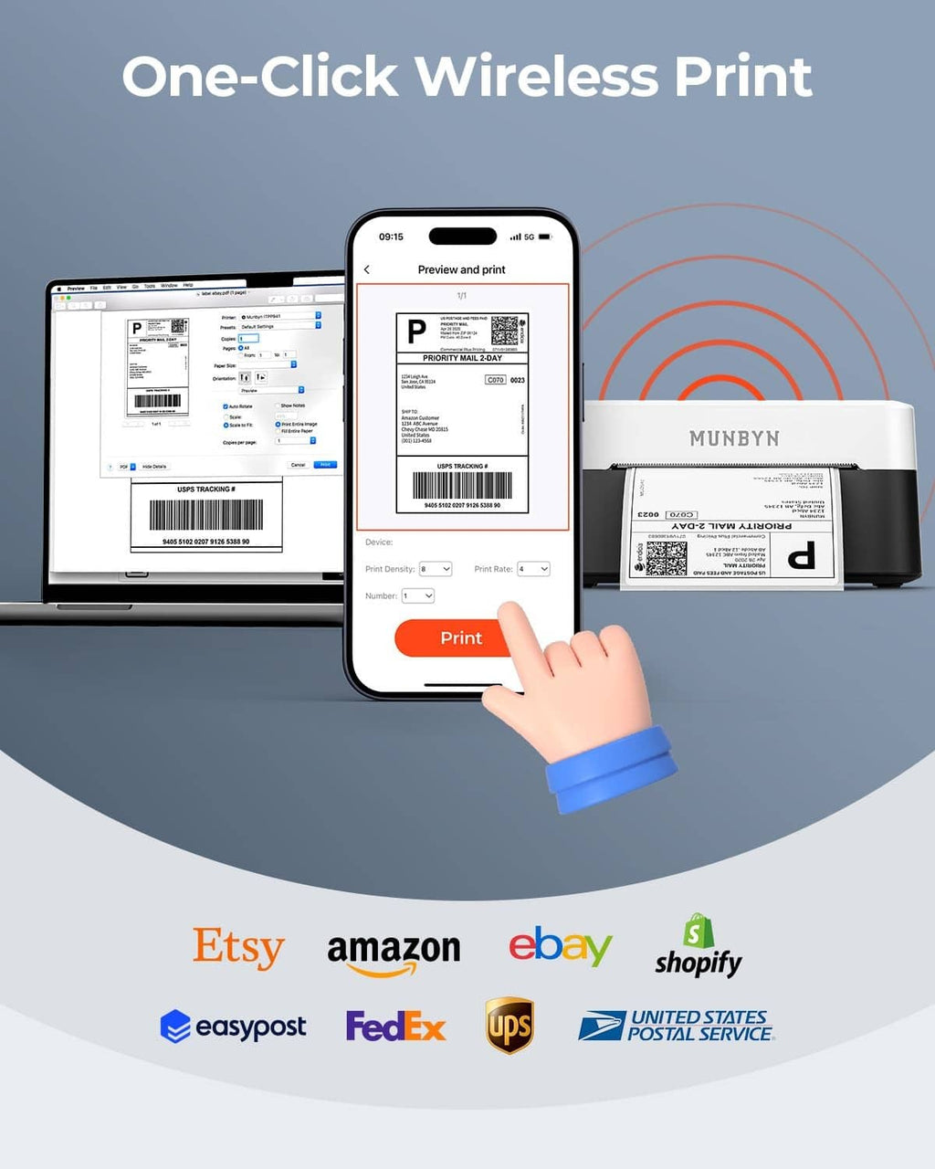 Wireless thermal label printer with a hand tapping a smartphone print button