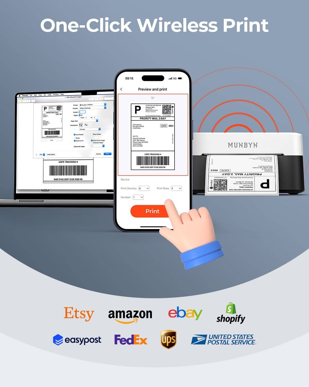 Wireless thermal label printer with a hand tapping a smartphone print button