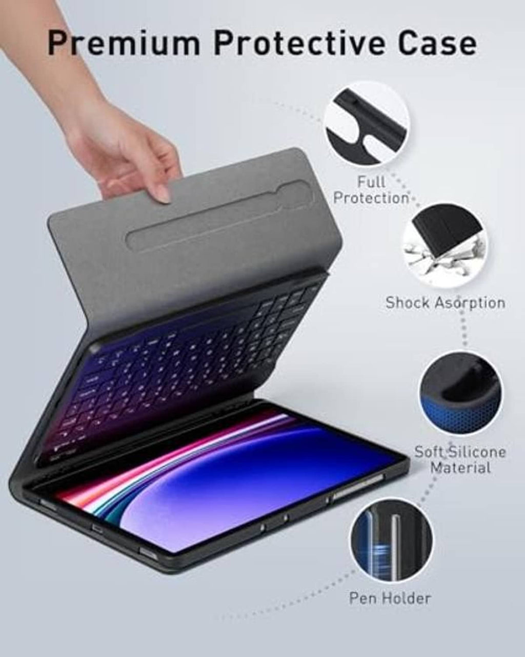 Black protective folio keyboard case with tablet open, includes pen holder