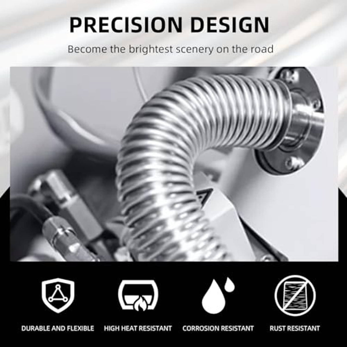 Flexible corrugated stainless steel exhaust hose with metal curved inlet fitting