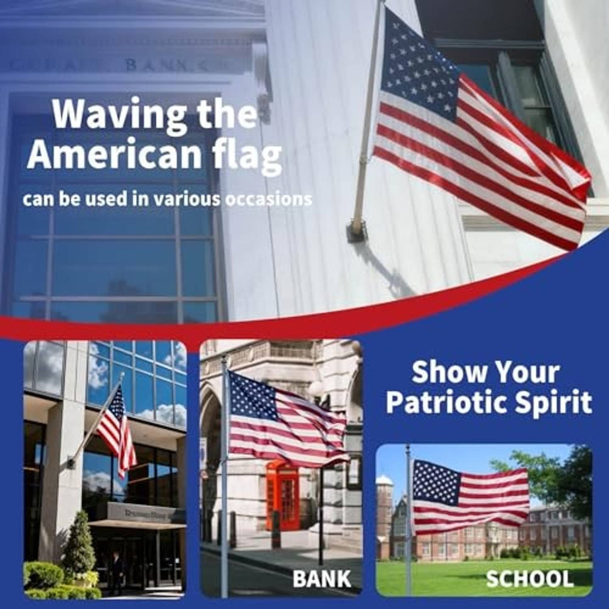 Waving American flag on a pole with embroidered stars and red-and-white striped fabric