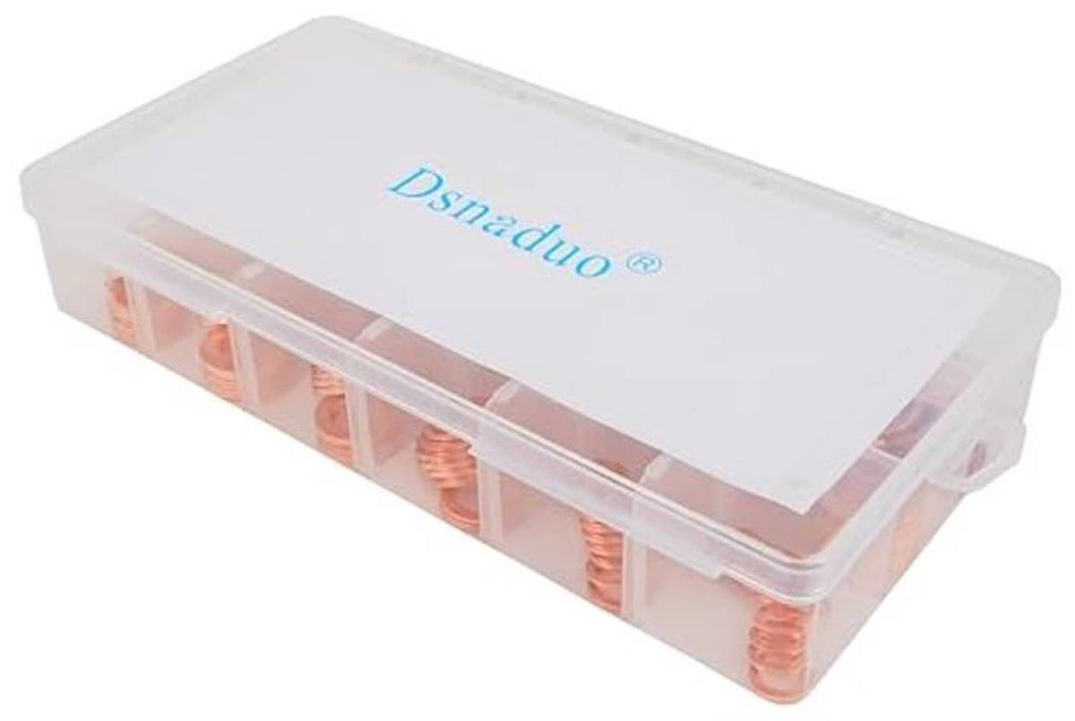 Clear plastic storage case with copper oil drain plug crush washers inside