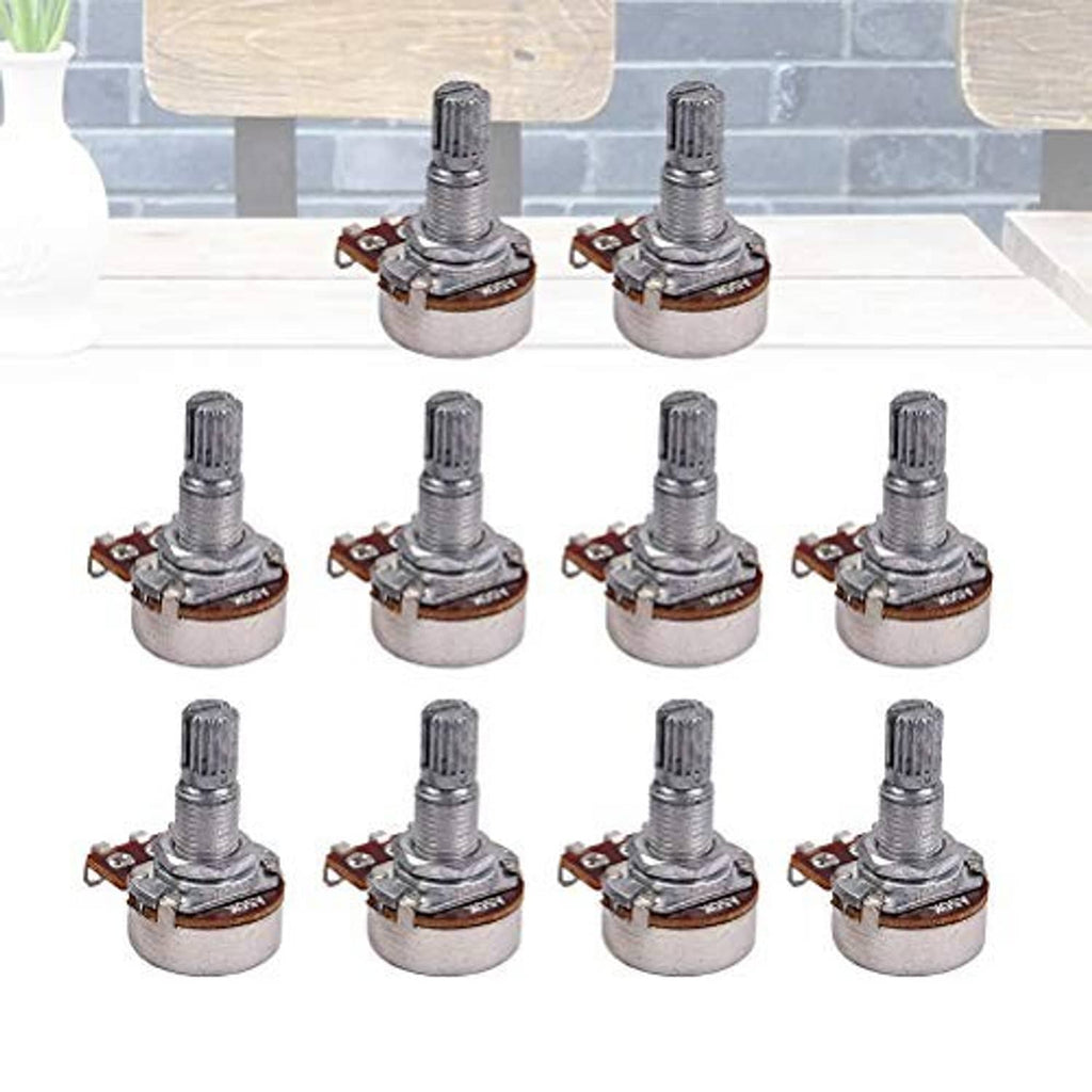 10-pack potentiometers showing knurled shafts and solder lugs on round metal bases