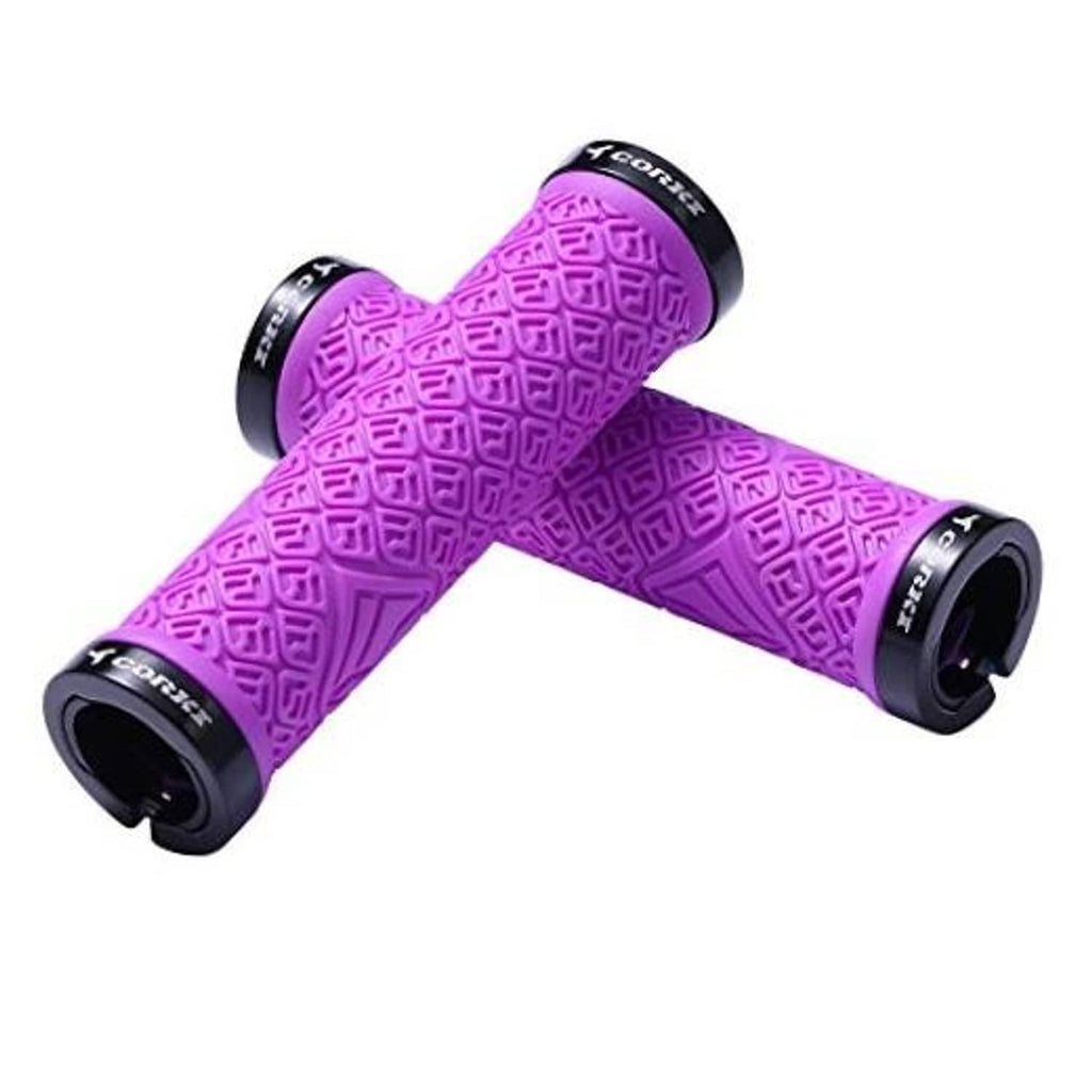 Purple mountain bike handlebar grips with double-lock end caps and textured pattern