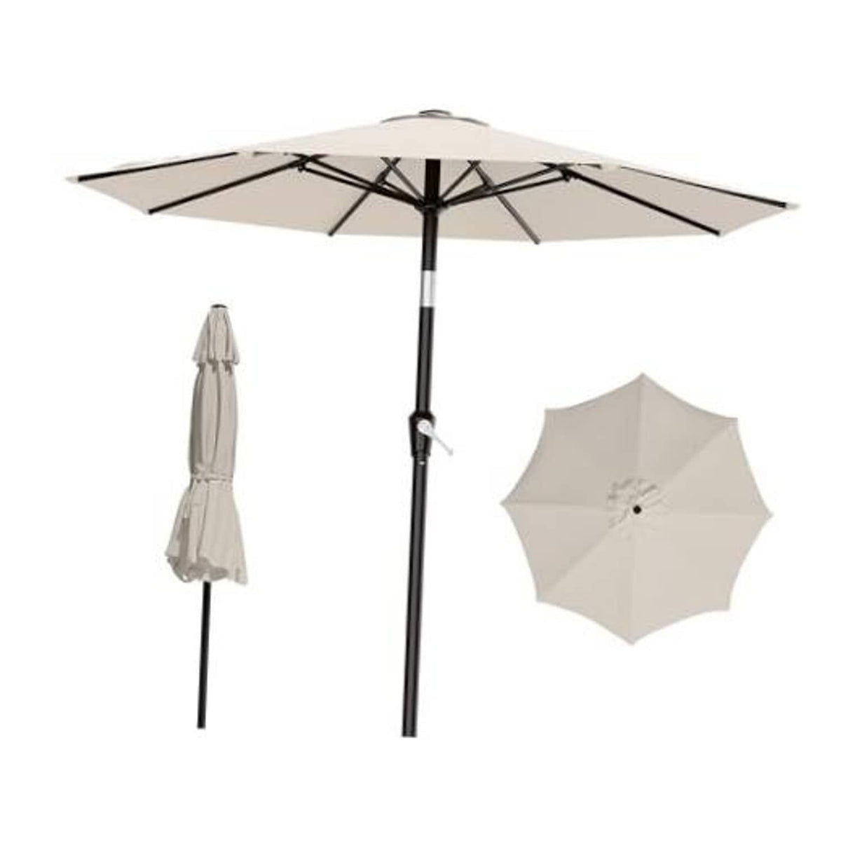Cream-white patio umbrella with black pole, open canopy, and matching storage cover