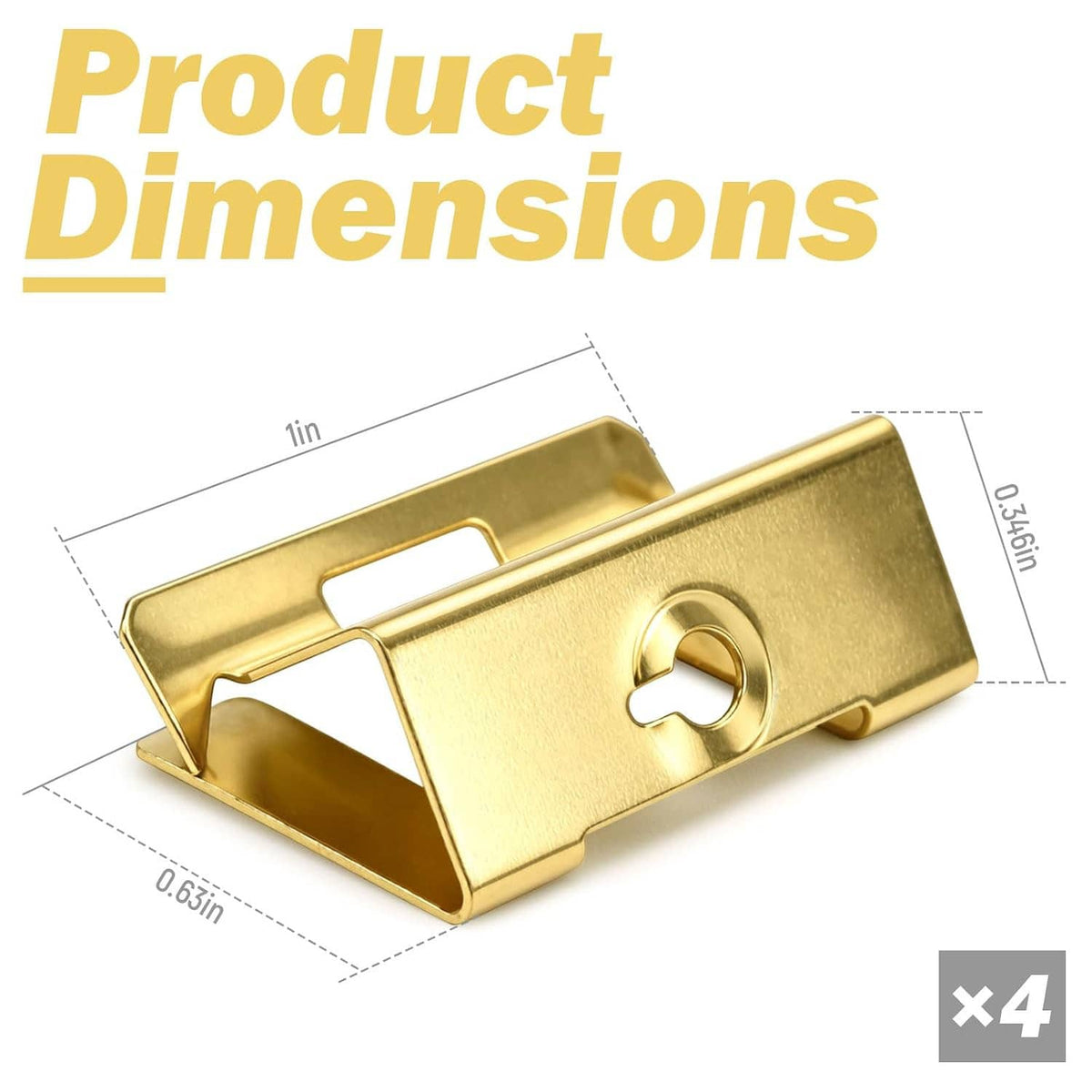 Electrical box repair clips shown with measurement lines; gold metal, round hole, tabs