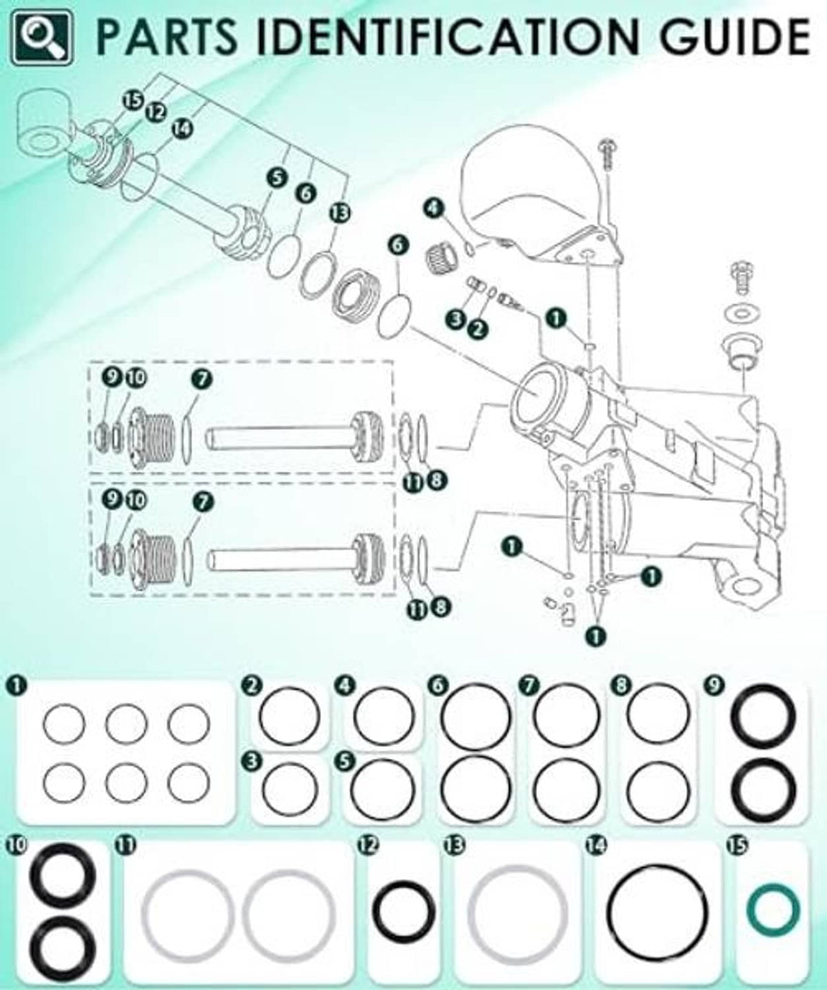 Outboard trim tilt parts diagram with numbered O-ring seals and gaskets