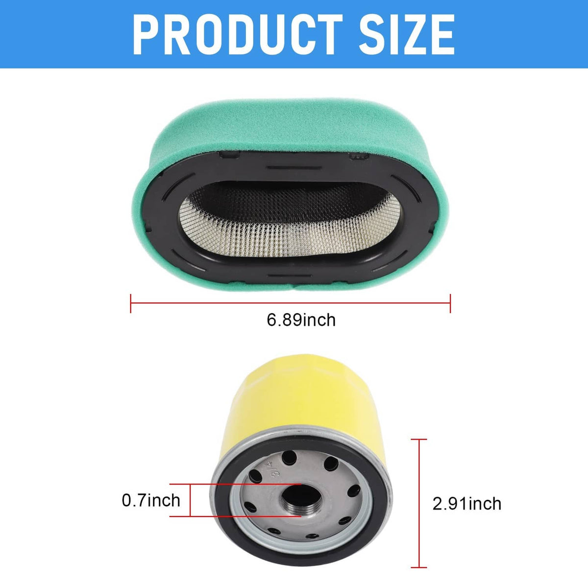 Air filter tune-up kit size view showing green air filter and yellow oil filter