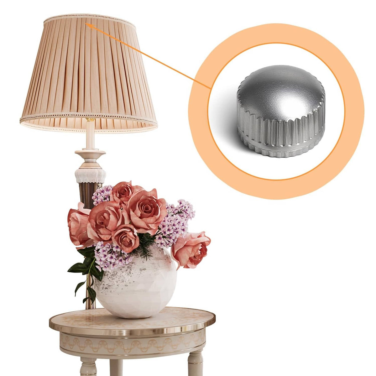 Silver ribbed screw light cap with threaded center, inset over lamp base