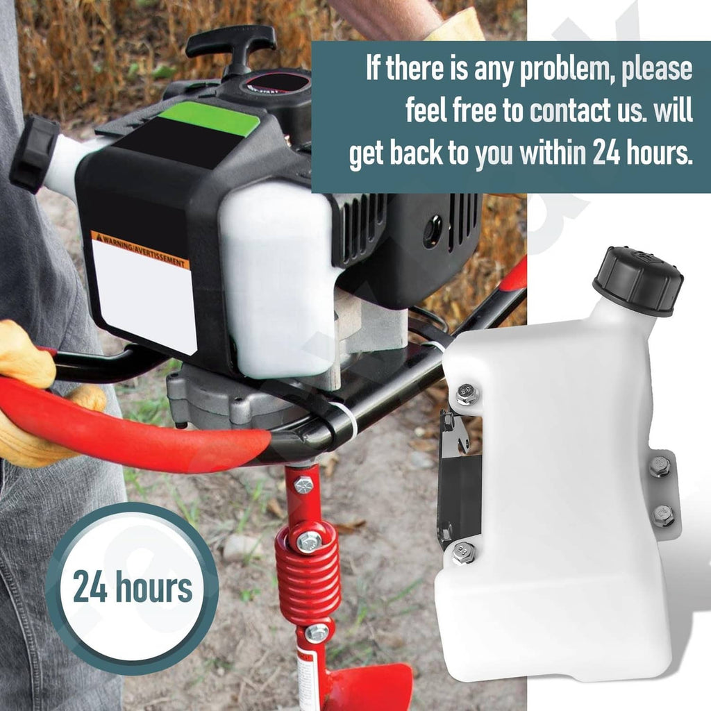 White three-tab fuel tank replacement with black cap, mounted on tiller