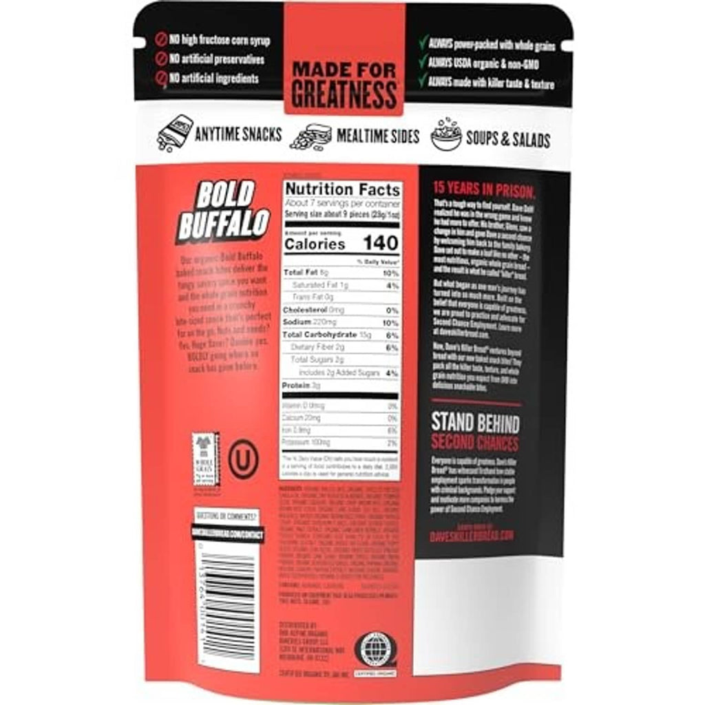 Back of Dave's Killer Bread Bold Buffalo snack bites pouch with nutrition facts