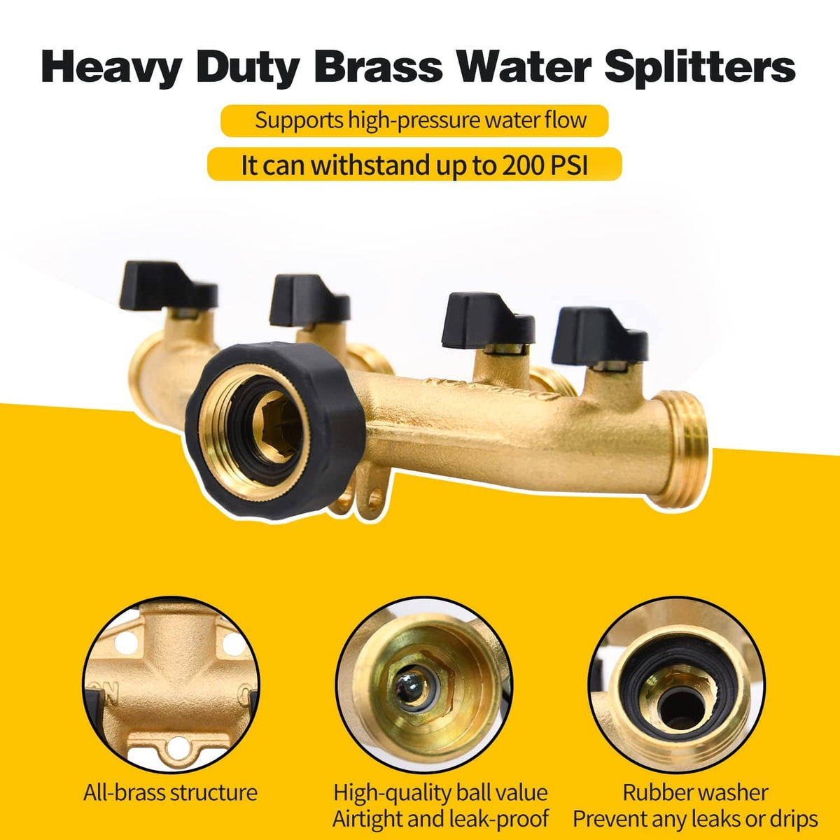 Heavy-duty brass water splitter with four outlets and black ON/OFF handles