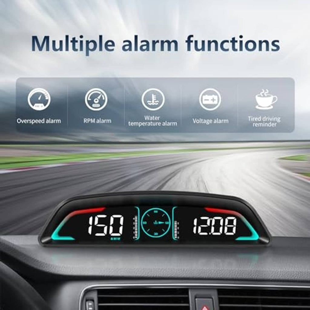 Car HUD speedometer with digital speed and RPM, red/teal accents, multiple alarm icons