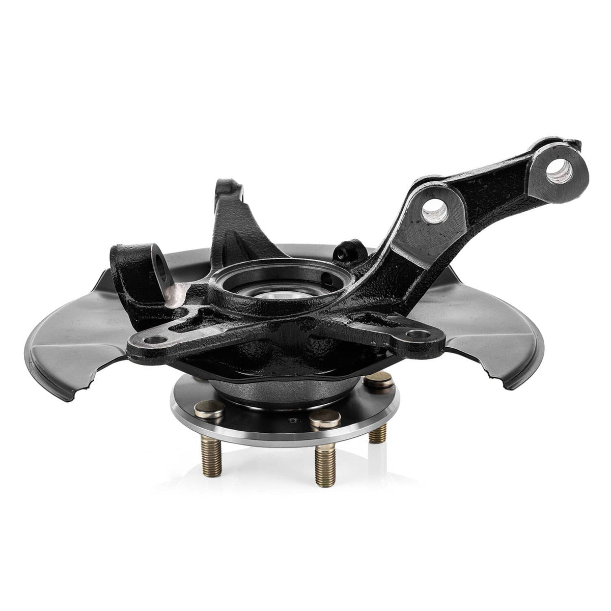 Front steering knuckle hub assembly with control arm and bolts, metal construction