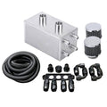 Oil catch can kit with aluminum can, black hose, and AN fittings with clamps