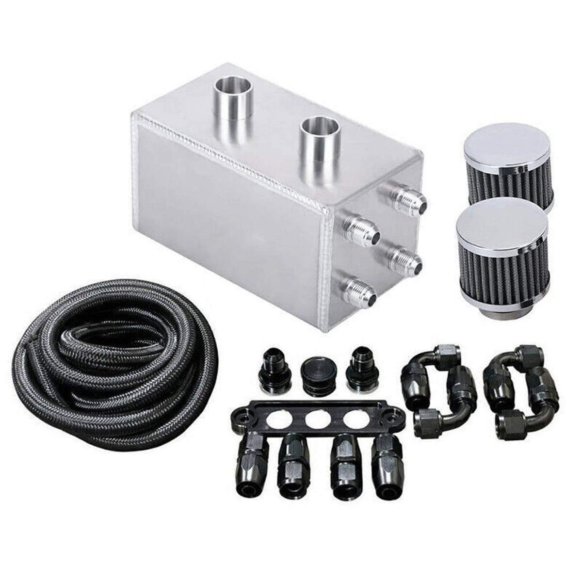 Oil catch can kit with aluminum can, black hose, and AN fittings with clamps