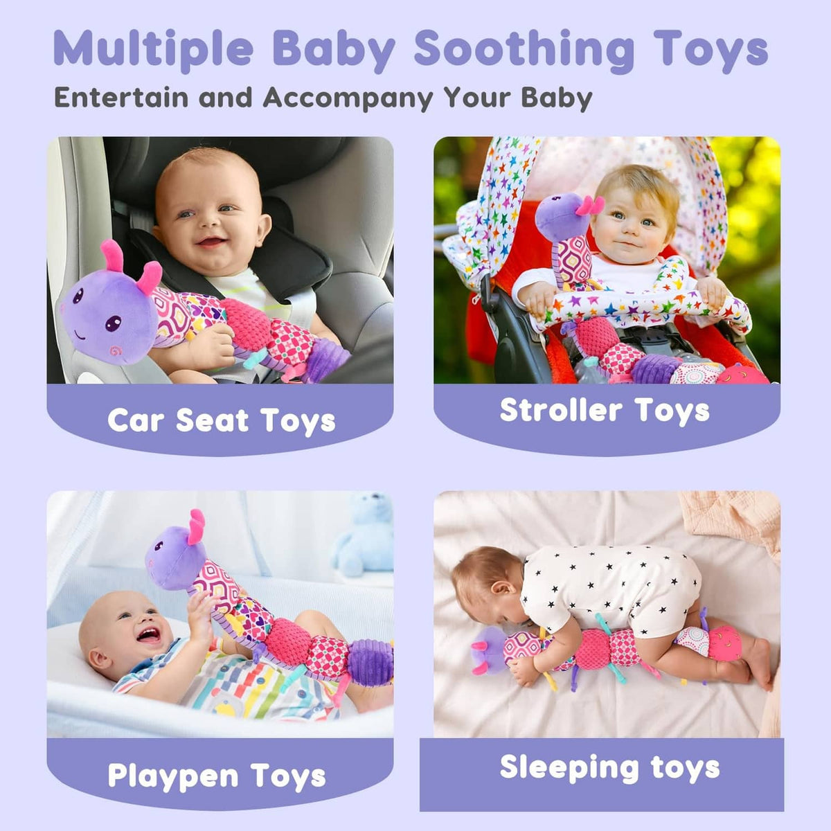 Purple plush caterpillar toy with patterned fabric segments for baby play on the go