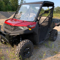 UTV full windshield with clear tinted panel and black frame on Polaris Ranger, side view